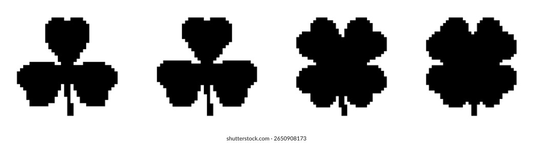 Set of Leaf templates in pixel art style. Black plant silhouettes. Clover, botanical shapes, labels. Isolated on white background.