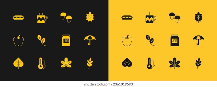 Set Leaf, Thermometer, Jam jar, Chestnut leaf, Mushroom, Homemade pie and Cup of tea icon. Vector