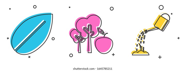 Set Leaf, Tree with apple and Watering can with water icon. Vector