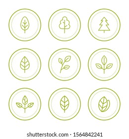 Set leaf and tree line icons logo design. Healthy, natural, vegan, organic food emblems. Vector illustration.