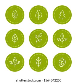 Set leaf and tree line icons logo design. Healthy, natural, vegan, organic food emblems. Vector illustration.