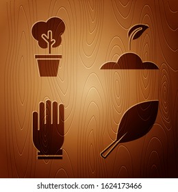 Set Leaf, Tree in pot, Garden gloves and Sprout on wooden background. Vector