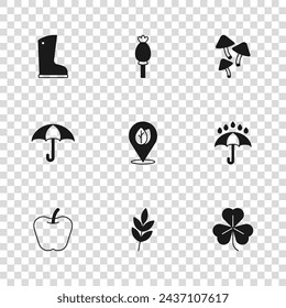 Set Leaf, Umbrella and rain drops, Clover, Location with leaf, Mushroom, Waterproof rubber boot, Opium poppy and  icon. Vector