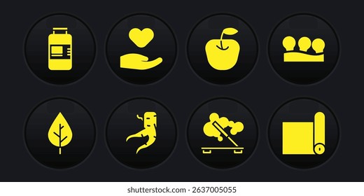 Set Leaf, Vacuum cans, Ginger root, Scented spa stick, Apple, Heart hand, Fitness mat roll and Collagen serum icon. Vector