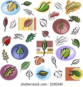 A set of leaf vector icons in color, and black and white renderings.