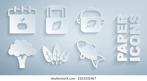 Set Leaf, Vegan food diet, Broccoli, Fish, Shopping bag with recycle and World Vegetarian day icon. Vector