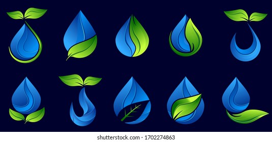 Set aus Leaf und Wasser Design Logo Vorlage. Natur-Symbol für Grün und Wasser