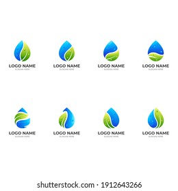 set leaf water logo, leaf and water, combination logo with 3d blue and green color style