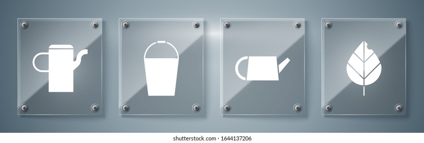 Set Leaf, Watering can, Bucket and Watering can. Square glass panels. Vector