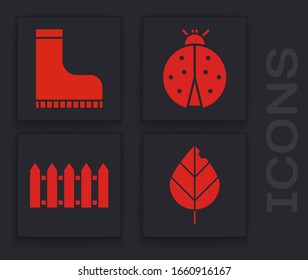 Set Leaf, Waterproof rubber boot, Ladybug and Garden fence wooden icon. Vector