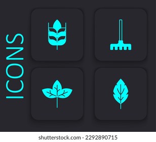 Set Leaf, Wheat, Garden rake and  icon. Black square button. Vector