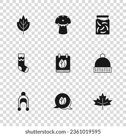 Set Leaf, Winter hat, Canadian maple leaf, Calendar with autumn leaves, Pickled cucumbers jar, Mushroom and Socks icon. Vector