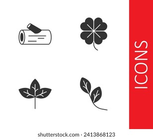 Set Leaf, Wooden log,  and Four leaf clover icon. Vector