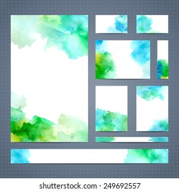 Set of leaflet, brochure, banner, cover layout, business card templates. Abstract watercolour design. Vector illustration. There is blank place for your text. 