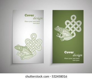 A set of leaflets, booklets, design templates. Old hand drawn map frog, a symbol of good luck and happiness with zentangle patterns and doodles. Floral ornaments in Eastern style. Vector illustration 