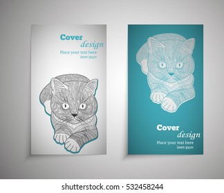 A set of leaflets, booklets, design templates. Old hand drawn map cat with stripes and spots and scribbles. zentangle. Floral ornaments in Eastern style. Vector