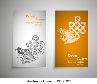 A set of leaflets, booklets, design templates. Old hand drawn map frog, a symbol of good luck and happiness with zentangle patterns and doodles. Floral ornaments in Eastern style. Vector illustration 