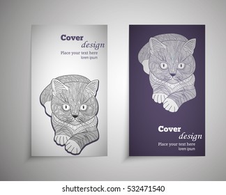 A set of leaflets, booklets, design templates. Old hand drawn map cat with stripes and spots and scribbles. zentangle. Floral ornaments in Eastern style. Vector
