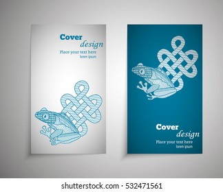 A set of leaflets, booklets, design templates. Old hand drawn map frog, a symbol of good luck and happiness with zentangle patterns and doodles. Floral ornaments in Eastern style. Vector illustration 