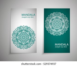 A set of leaflets, brochures, design templates. Vintage card with patterns and mandala designs. Floral decoration of Oriental style. Islam, Arabic, Indian, Ottoman motifs.