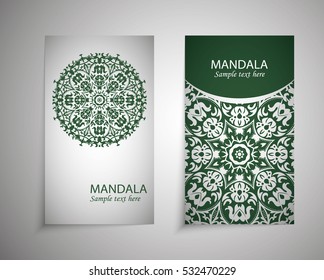 A set of leaflets, brochures, design templates. Vintage card with patterns and mandala designs. Floral decoration of Oriental style. Islam, Arabic, Indian, Ottoman motifs.