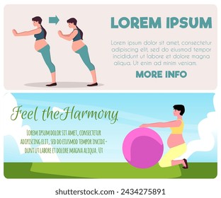 Un conjunto de folletos con ejercicios para mujeres embarazadas. Banner vectorial plano con espacio para texto, yoga al aire libre con pelota de fitness y guía de yoga para embarazadas. Deportes para mujeres embarazadas.