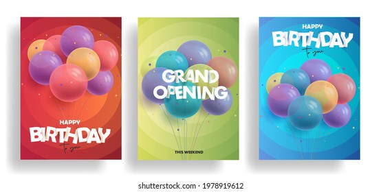 Set of leaflets or flyers with 3d Realistic Colorful Bunch of Birthday round Balloons, event invitation, grand opening celebration