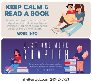 Set of leaflets motivating to read books, flat vector illustration. Motivational flyers or banners designed to inspire lovers of books reading and literature.