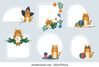 A set of leaflets for notes with cute cartoon tigers. Collection of blank sticky notes. Vector illustration.
