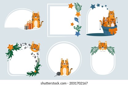 A set of leaflets for notes with cute cartoon tigers. Collection of blank sticky notes. Vector illustration