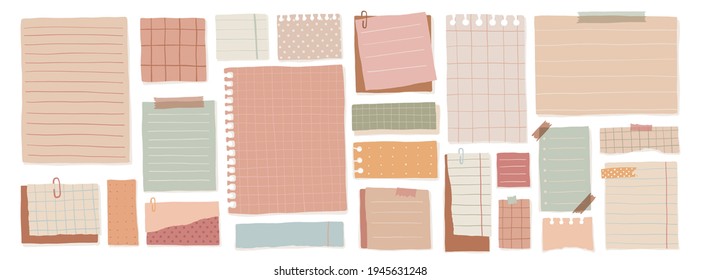 A set of leaflets for notes with different layouts. Large collection of cute blank sticky notes. Vector illustration.