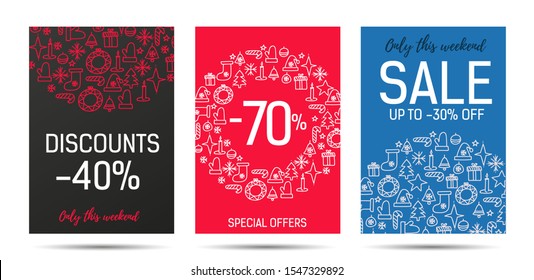 Set of leaflets or posters for Christmas sale season with flat open colors, linear doodle icons pattern, wreath and circle shape