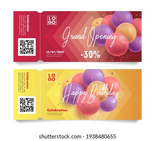 Set of leaflets or torn off admission tickets with 3d Realistic Colorful Bunch of Birthday round Balloons, event invitation, grand opening celebration with company logo and qr code