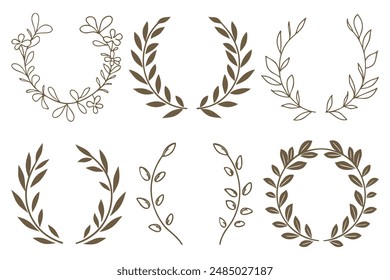 Set leafs and flowers frame decoration. Botanical branch, simple wreath and garland collection. Minimalistic vector border