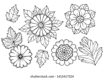 Set of leafs and flowers  in monochrome colors. Coloring page in black and white for colouring book. Doodles pattern vector