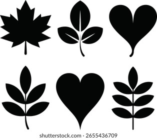 set of leafs with heart icon over white background, silhouette style, vector illustration