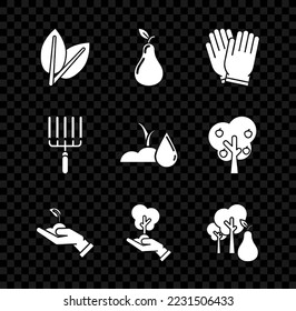 Die Blätter, Birne, Gartenhandschuhe, Sprout in der Hand des Umweltschutzes, Baum, mit Birnen, Rake Arbeit und Wasserspitzsymbol. Vektorgrafik