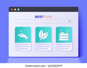 Set Leafs, Sprout in hand of environmental protection and Wooden box for fruits and vegetables icon. Vector