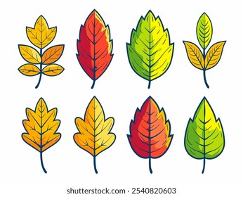 Set of leafy illustrations with a variety of colors, including red, yellow, and green