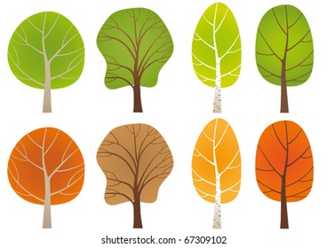 Set of  leafy trees in a summer and a fall coat.