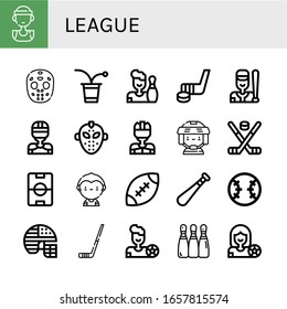 Set Of League Icons. Such As Basketball Player, Hockey Mask, Beer Pong, Bowling, Hockey Stick, Baseball, Hockey Player, Football Field, Soccer Player, Rugby, Baseball Bat , League Icons