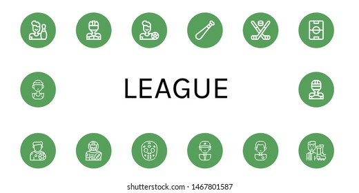 Set Of League Icons Such As Bowling, Hockey Player, Football Player, Baseball Bat, Hockey Stick, Football Field, Footballer, American Football Player, Hockey Mask, Baseball , League