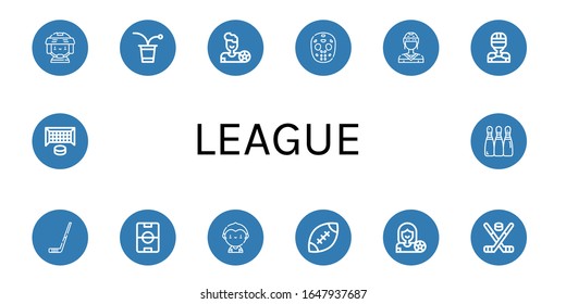 Set Of League Icons. Such As Hockey Player, Beer Pong, Football Player, Hockey Mask, Hockey Stick, Football Field, Soccer Player, Rugby, Goal, Bowling , League Icons