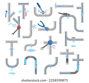 Set of leaking water pipes and plumbing repair tools. Leak, blockage, burst, and frozen at water supply pipe plumbing problems cartoon vector illustration