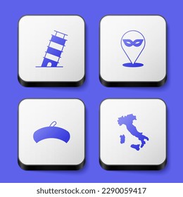 Set Leaning tower in Pisa, Carnival mask, French beret and Map of Italy icon. White square button. Vector