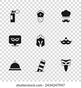 Set Leaning tower in Pisa, Carnival mask, Roman army helmet, Italian cook, Perfume, Pope and  icon. Vector