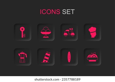 Set Leaning tower in Pisa, Ice cream the bowl, Old key, French baguette bread, Italian cook, Pasta spaghetti, Scooter and Coffee maker moca pot icon. Vector