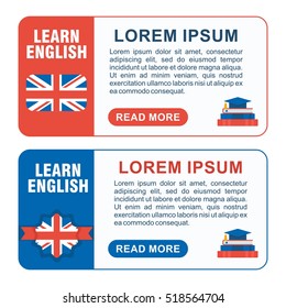 Set of learn english banners. Concept of learning a foreign language. Making educational materials, books and websites. Flat vector cartoon english illustration. Objects isolated on white background.