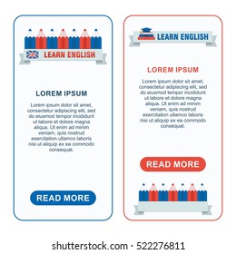 Set of learn english banners. Concept of learning a foreign language. Making educational materials, books and websites. Flat vector cartoon english illustration. Objects isolated on white background.