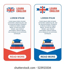 Set of learn english banners. Concept of learning a foreign language. Making educational materials, books and websites. Flat vector cartoon english illustration. Objects isolated on white background.